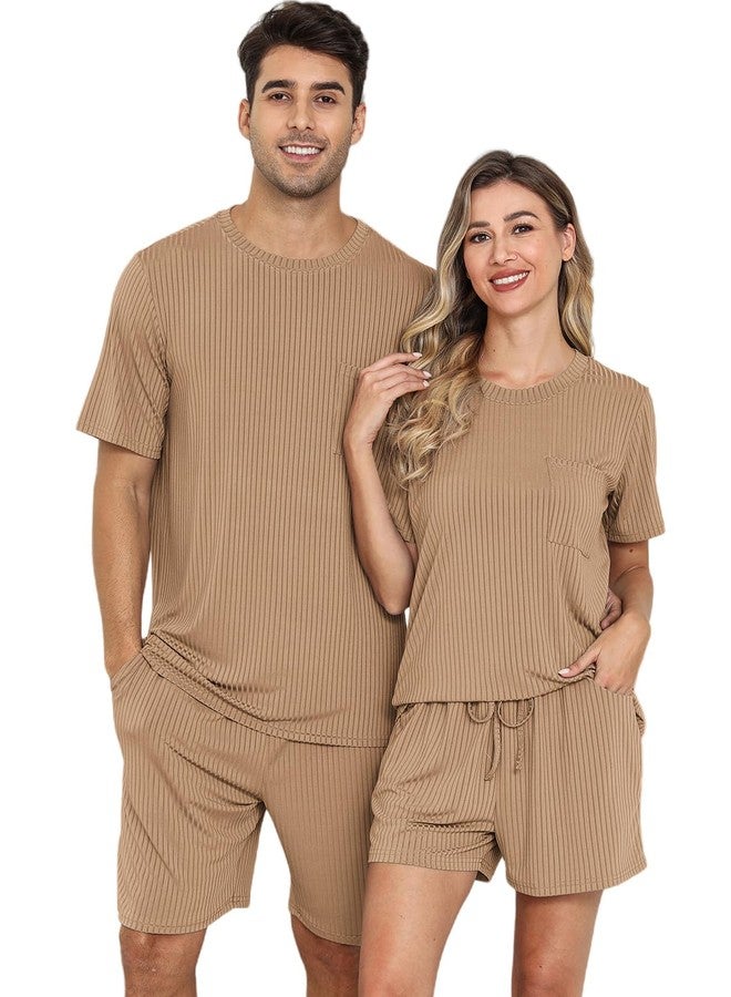 EISHOPEER Knit Matching Pajamas Sets Couple Drawstring Nightwear Short Sleeve Sleepwear 2 Pieces Loungewear with Shorts Khaki Large - Image 1